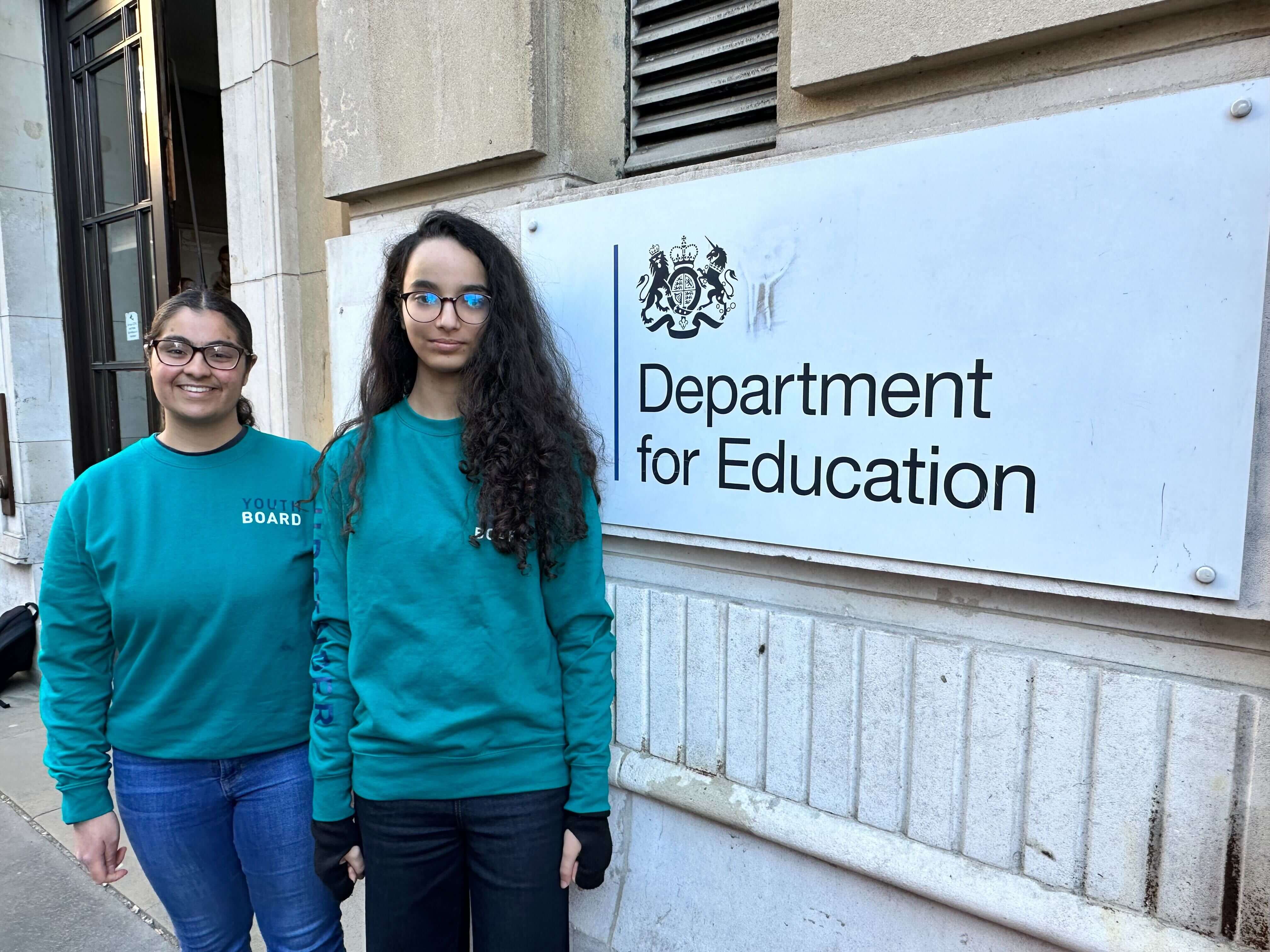 Sukhmani and Yasmin outside the Department for Education 
